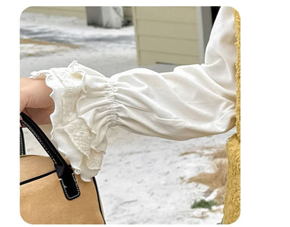 Plus Size Long-Sleeve Round Neck Lace Trim Mushroom Detail Top