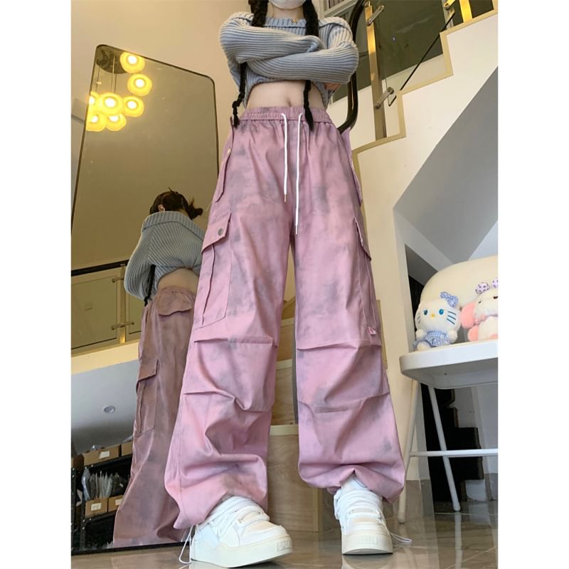 High Waist Tie Dye Wide Leg Cargo Pants