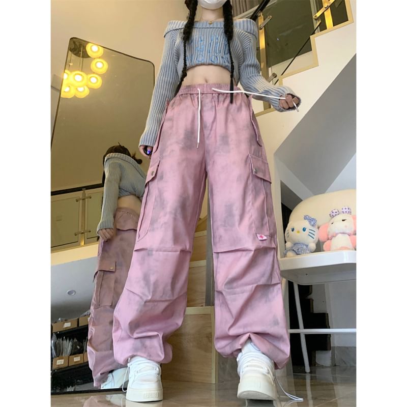 High Waist Tie Dye Wide Leg Cargo Pants