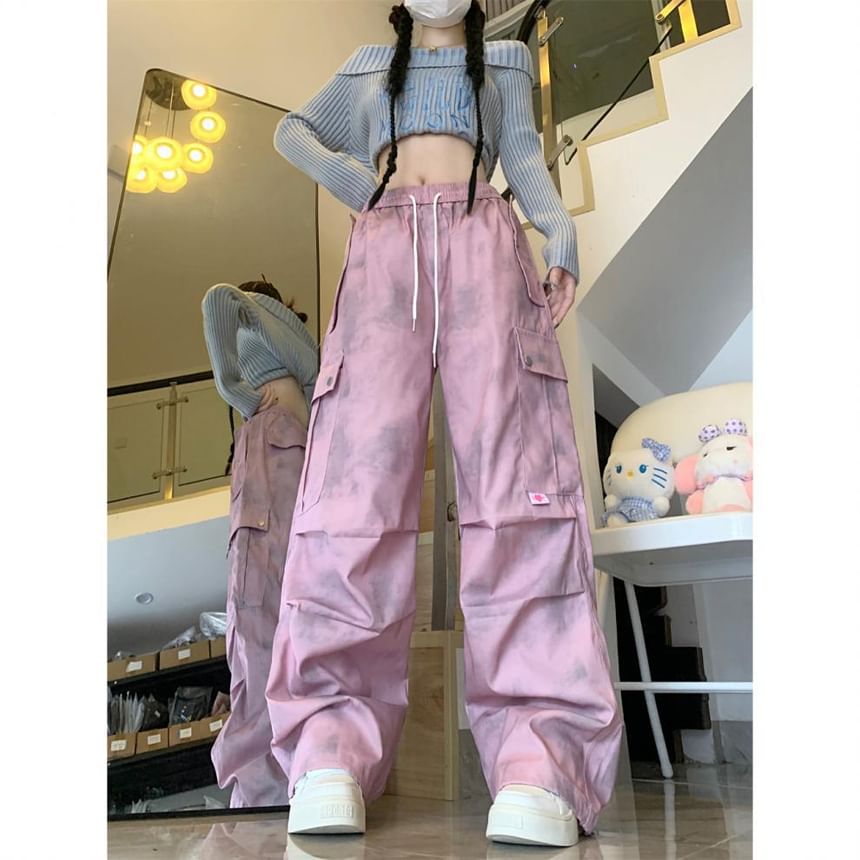 High Waist Tie Dye Wide Leg Cargo Pants