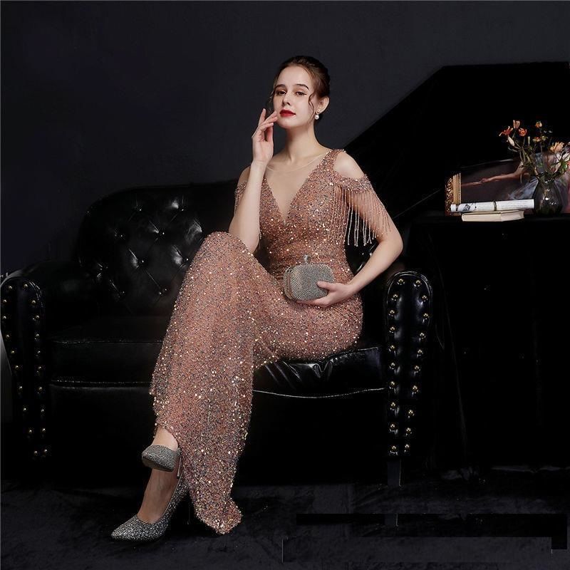 Boatneck Mesh Sequin Gown Mermaid Short-Sleeve Evening