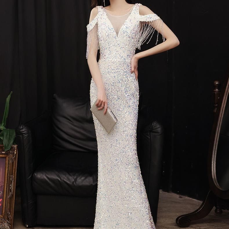 Boatneck Mesh Sequin Gown Mermaid Short-Sleeve Evening