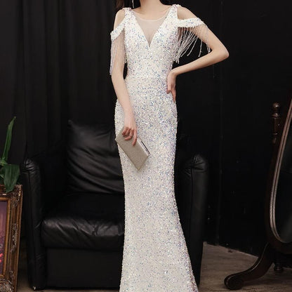 Boatneck Mesh Sequin Gown Mermaid Short-Sleeve Evening