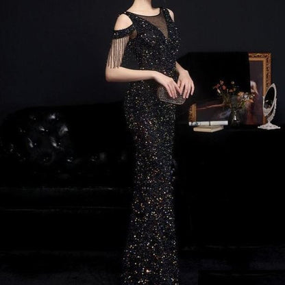 Boatneck Mesh Sequin Gown Mermaid Short-Sleeve Evening