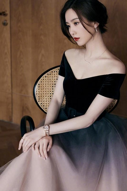 Short-Sleeve Off Shoulder Mesh Midi A-Line Evening Dress