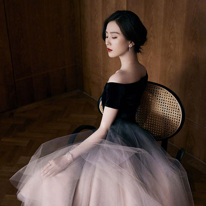 Short-Sleeve Off Shoulder Mesh Midi A-Line Evening Dress