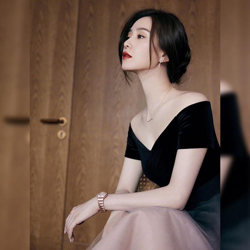 Short-Sleeve Off Shoulder Mesh Midi A-Line Evening Dress