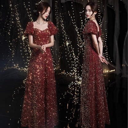 Short-Sleeve Sweetheart Neckline Sequin A-Line Evening Gown