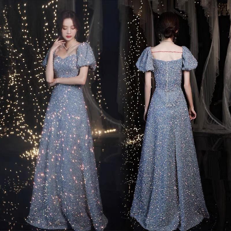Short-Sleeve Sweetheart Neckline Sequin A-Line Evening Gown