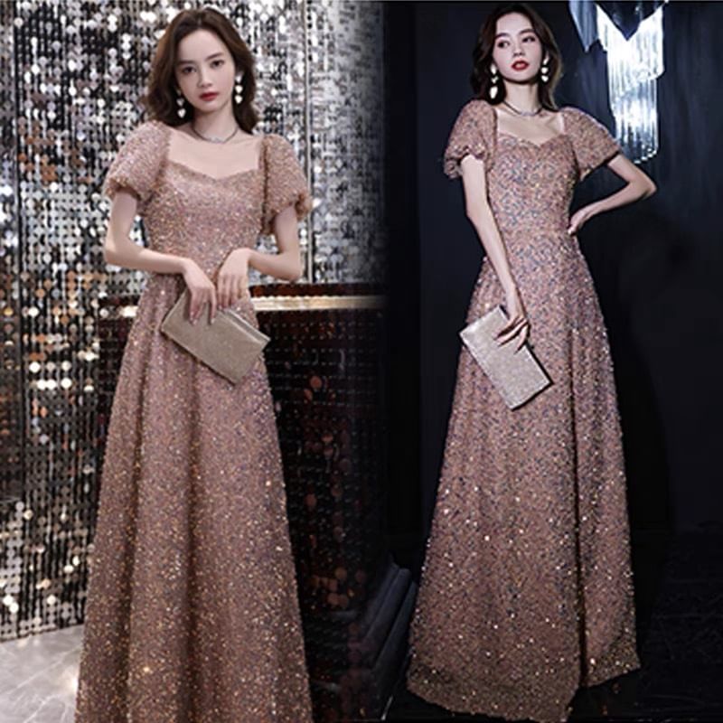 Short-Sleeve Sweetheart Neckline Sequin A-Line Evening Gown