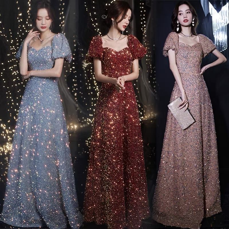 Sequin A-Line Neckline Short-Sleeve Sweetheart Evening Gown