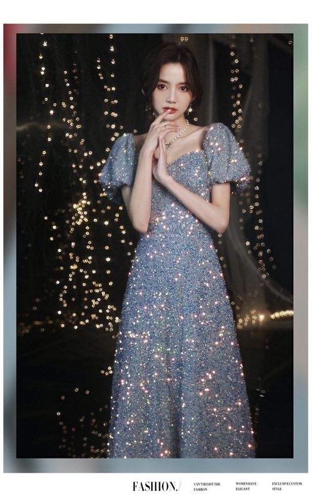 Short-Sleeve Sweetheart Neckline Sequin A-Line Evening Gown