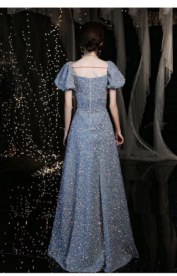 Sequin A-Line Neckline Short-Sleeve Sweetheart Evening Gown