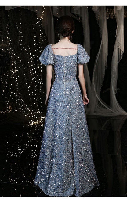 Short-Sleeve Sweetheart Neckline Sequin A-Line Evening Gown