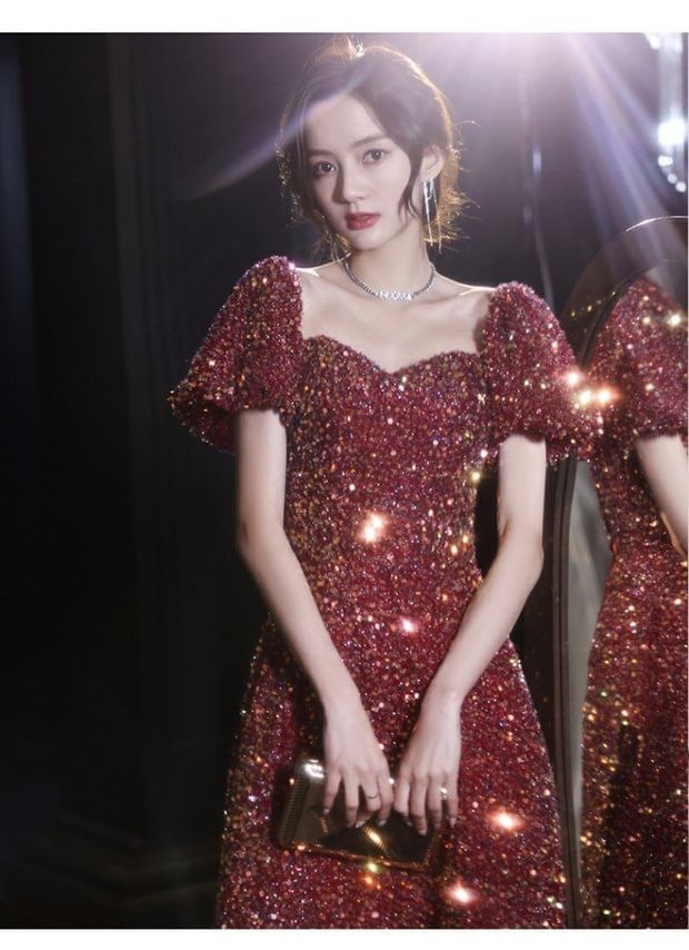 Short-Sleeve Sweetheart Neckline Sequin A-Line Evening Gown