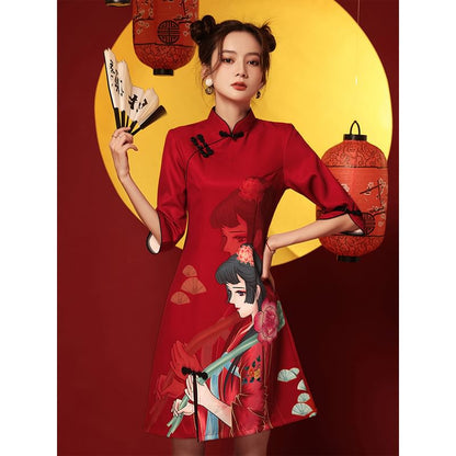 Elbow-Sleeve Print A-Line Qipao Dress