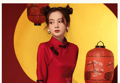 Elbow-Sleeve Print A-Line Qipao Dress