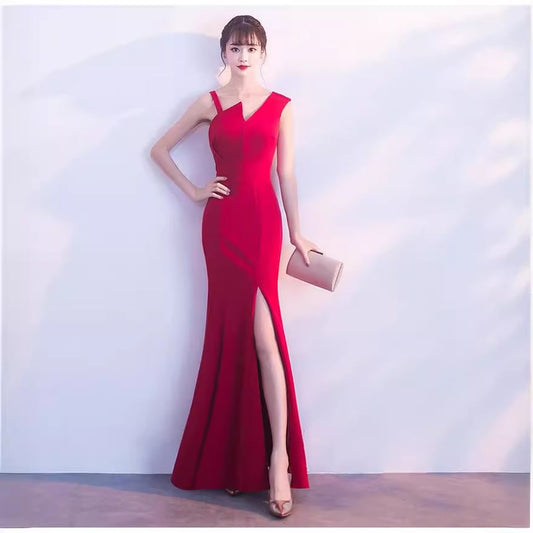 Sleeveless Asymmetrical Plain Mermaid Evening Gown