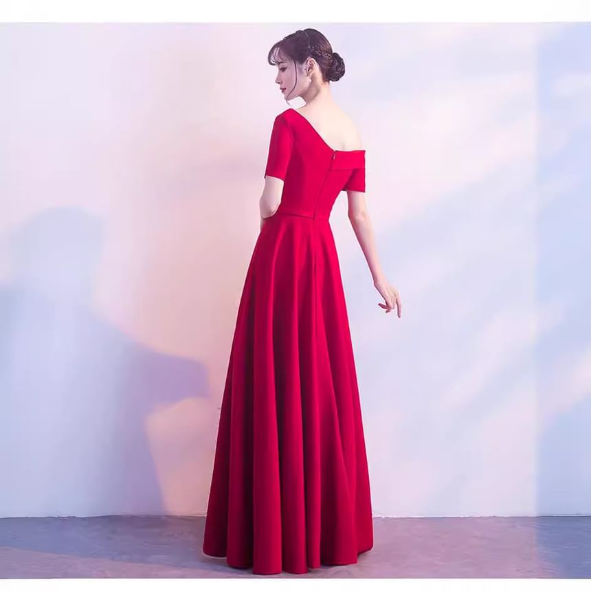 Gown Evening Asymmetrical A-Line Plain Short-Sleeve