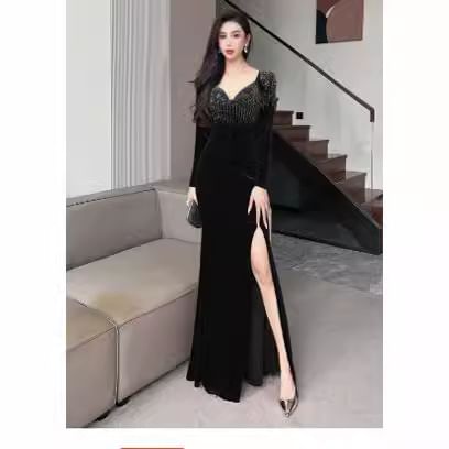 Long-Sleeve V-Neck Evening Mermaid Gown Rhinestone