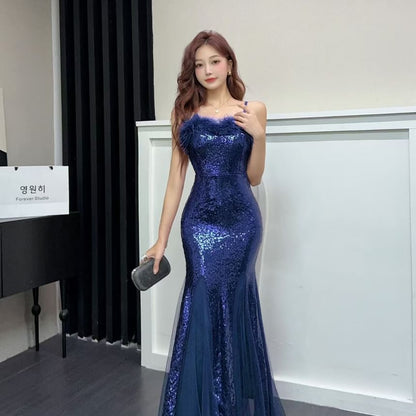 Spaghetti Strap Furry Trim Mesh Overlay Mermaid Evening Gown