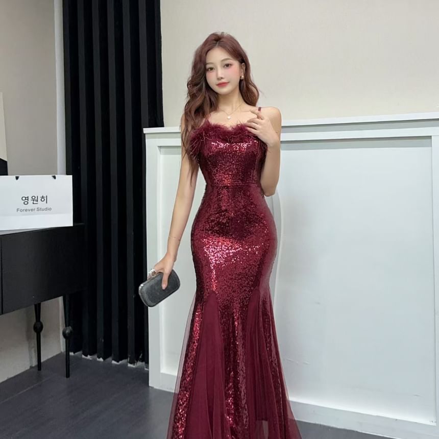 Spaghetti Strap Furry Trim Mesh Overlay Mermaid Evening Gown