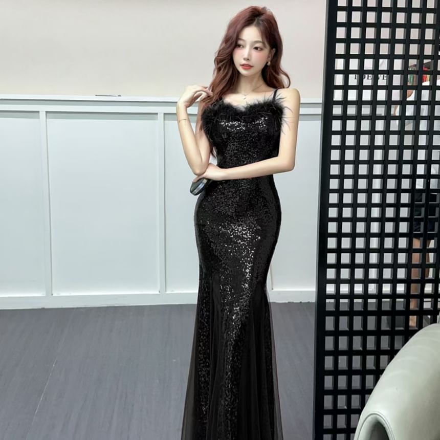 Spaghetti Strap Furry Trim Mesh Overlay Mermaid Evening Gown