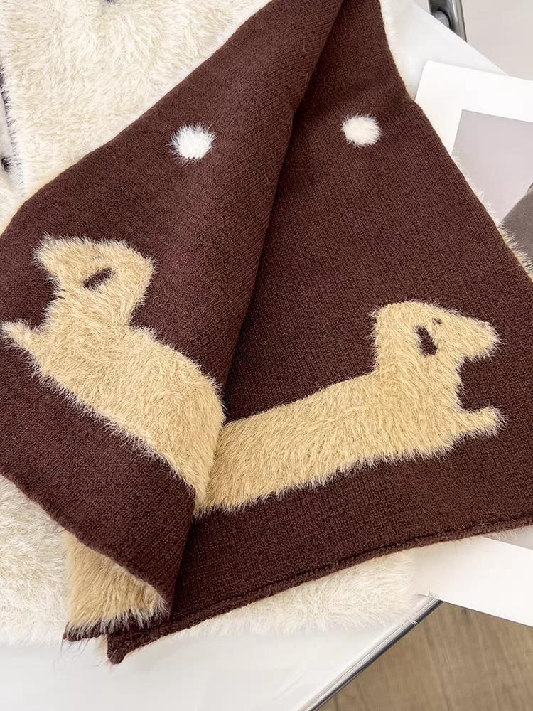 Dog Patterned Dotted Knit Scarf