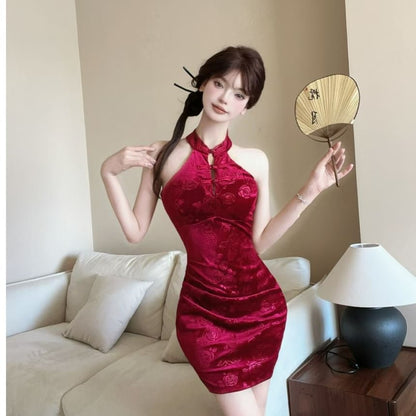 Halter Floral Mini Qipao