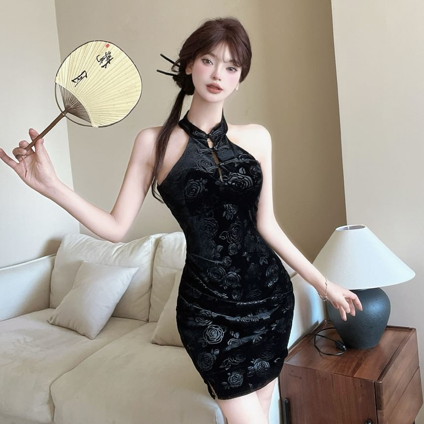 Halter Floral Mini Qipao