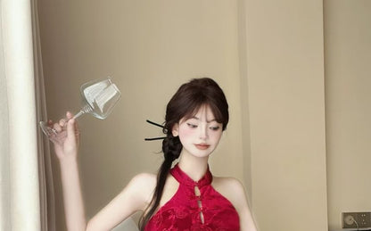 Halter Floral Mini Qipao