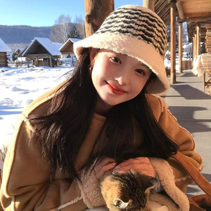 Striped Fluffy Bucket Hat