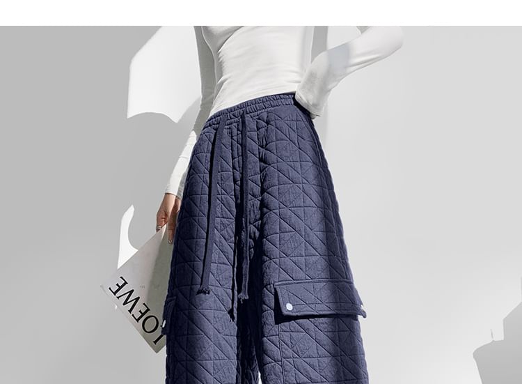 Drawstring Waist Plain Quilted Wide Leg Cargo Pants (Various Designs)