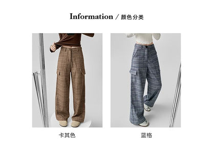 Mid Waist Plaid Wide Leg Cargo Pants