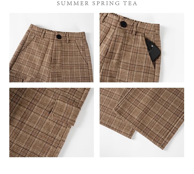 Mid Waist Plaid Wide Leg Cargo Pants