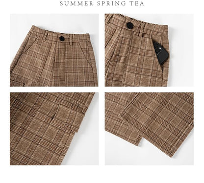 Mid Waist Plaid Wide Leg Cargo Pants