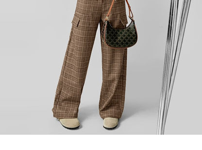 Mid Waist Plaid Wide Leg Cargo Pants