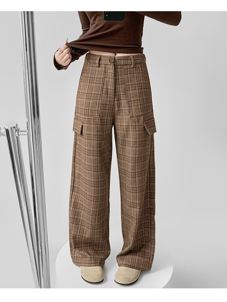 Mid Waist Plaid Wide Leg Cargo Pants