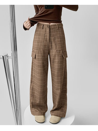 Mid Waist Plaid Wide Leg Cargo Pants