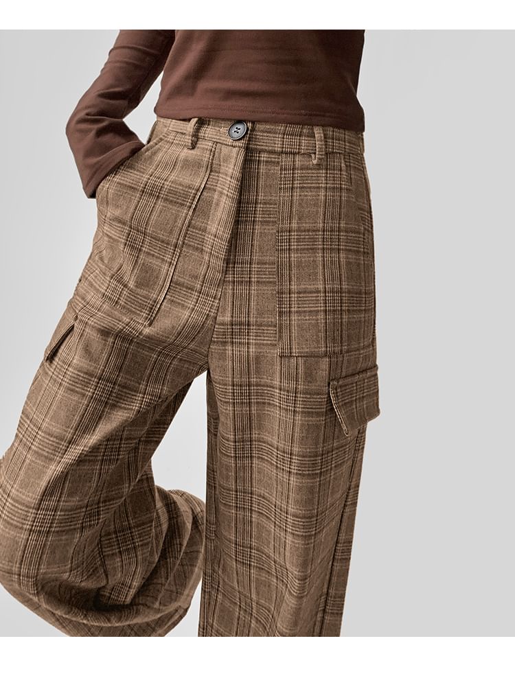 Mid Waist Plaid Wide Leg Cargo Pants