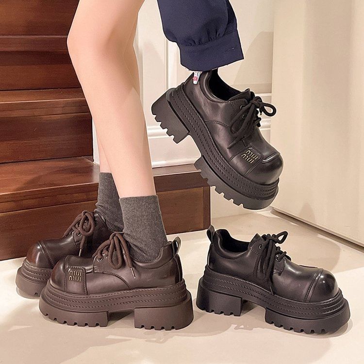 Leather Shoes Lace-Up Plain Platform Faux