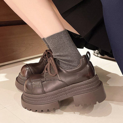 Leather Shoes Lace-Up Plain Platform Faux
