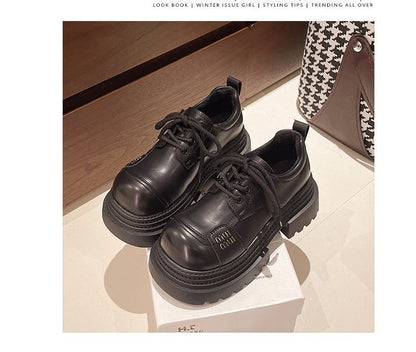 Leather Shoes Lace-Up Plain Platform Faux