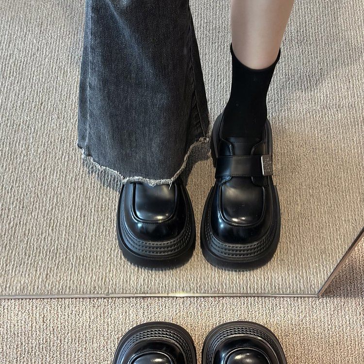 Platform Strap Shoes Faux Adhesive Leather Metal Accent