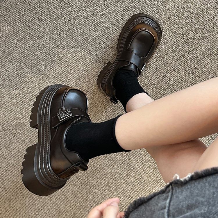Platform Strap Shoes Faux Adhesive Leather Metal Accent