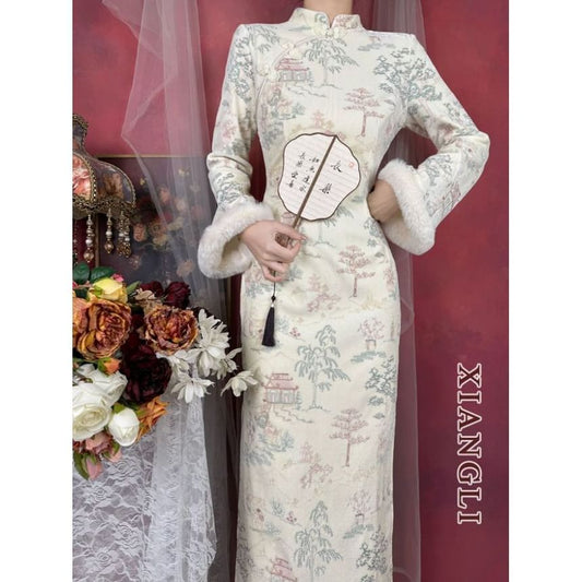 Long-Sleeve Tree Print Fluffy Trim Maxi Qipao