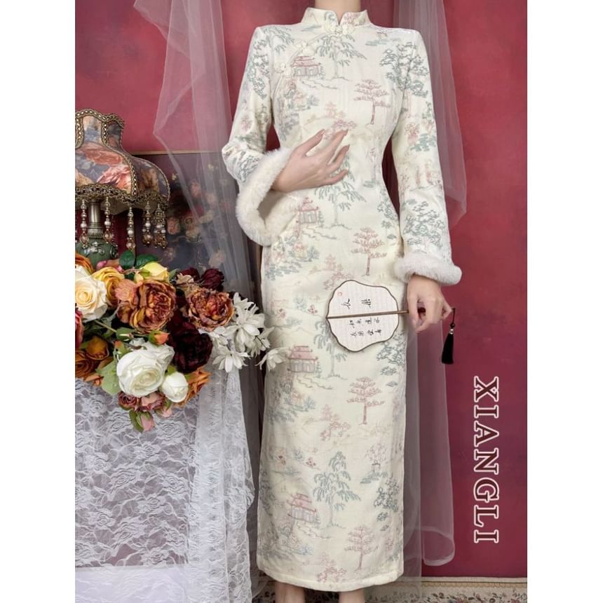 Long-Sleeve Tree Print Fluffy Trim Maxi Qipao