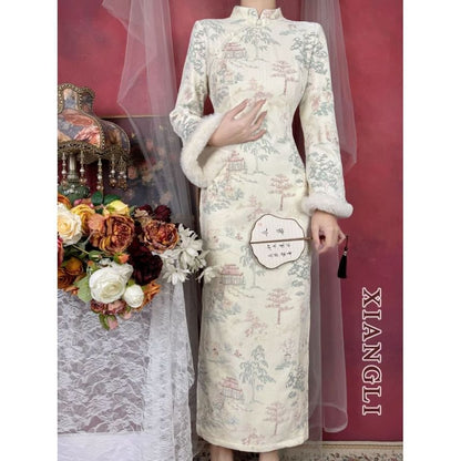 Long-Sleeve Tree Print Fluffy Trim Maxi Qipao