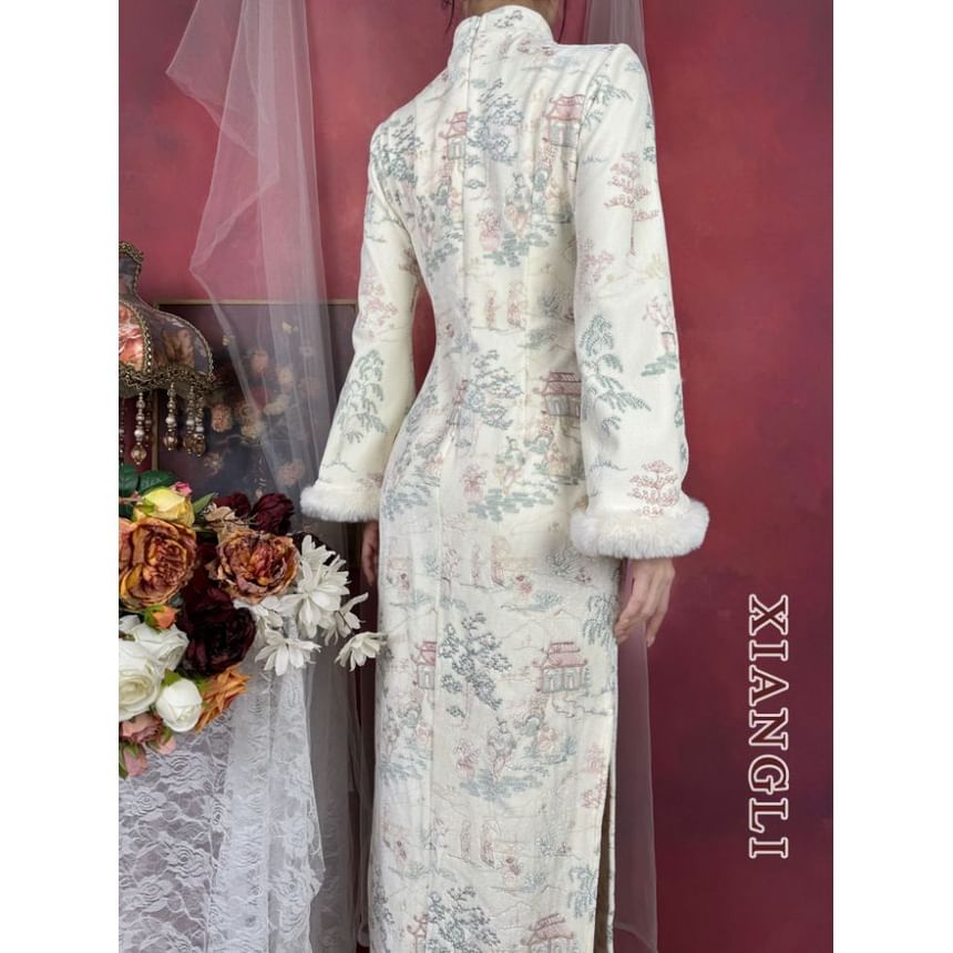 Long-Sleeve Tree Print Fluffy Trim Maxi Qipao
