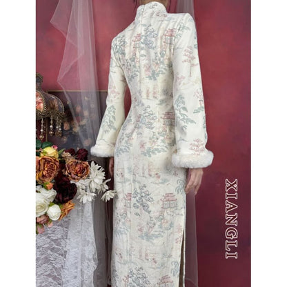 Long-Sleeve Tree Print Fluffy Trim Maxi Qipao